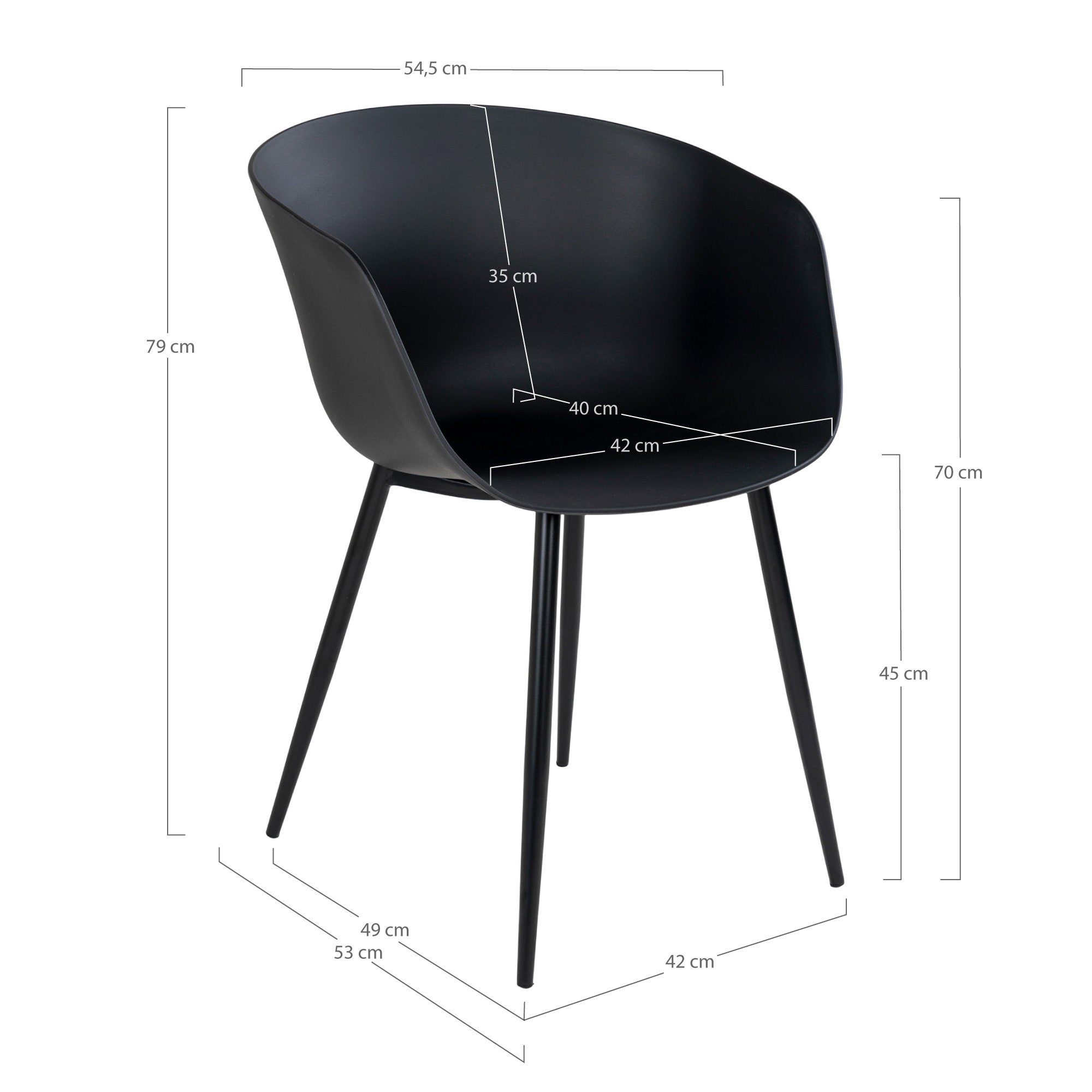 Schéma dimensions chaise Roda noire largeur 54,5 cm hauteur 79 cm assise 45 cm