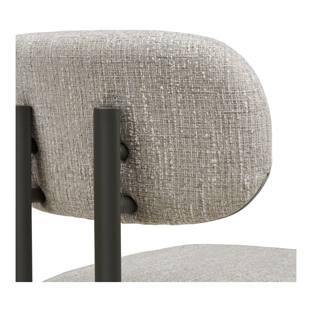 Détail fixation dossier coussin flottant chaise Royan tissu chiné gris clair pieds acier gris