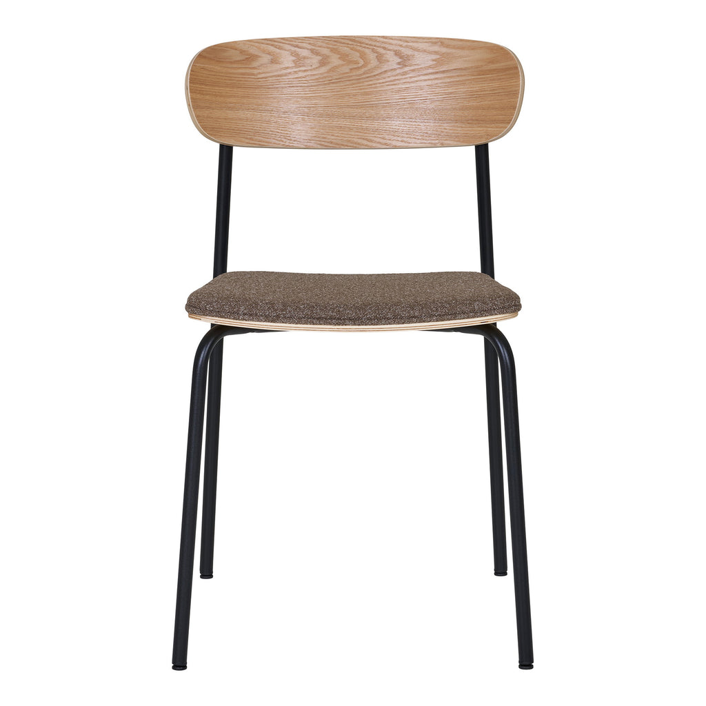 Chaise Estepona dossier frêne naturel arrondi assise tissu brun chiné pieds tubulaires noirs vue de face