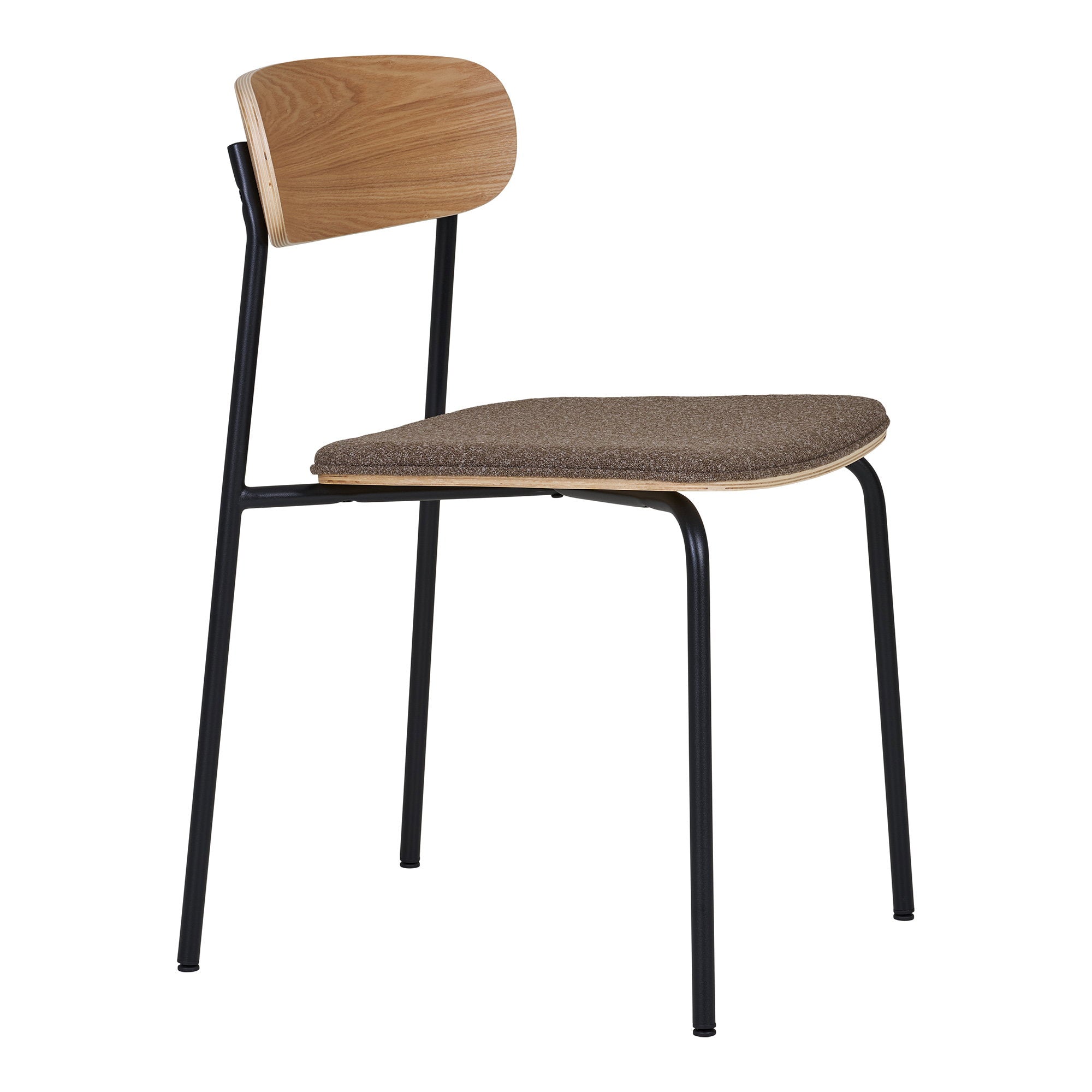 Chaise Estepona vue de profil dossier frêne courbe assise tissu brun chiné structure métal noir