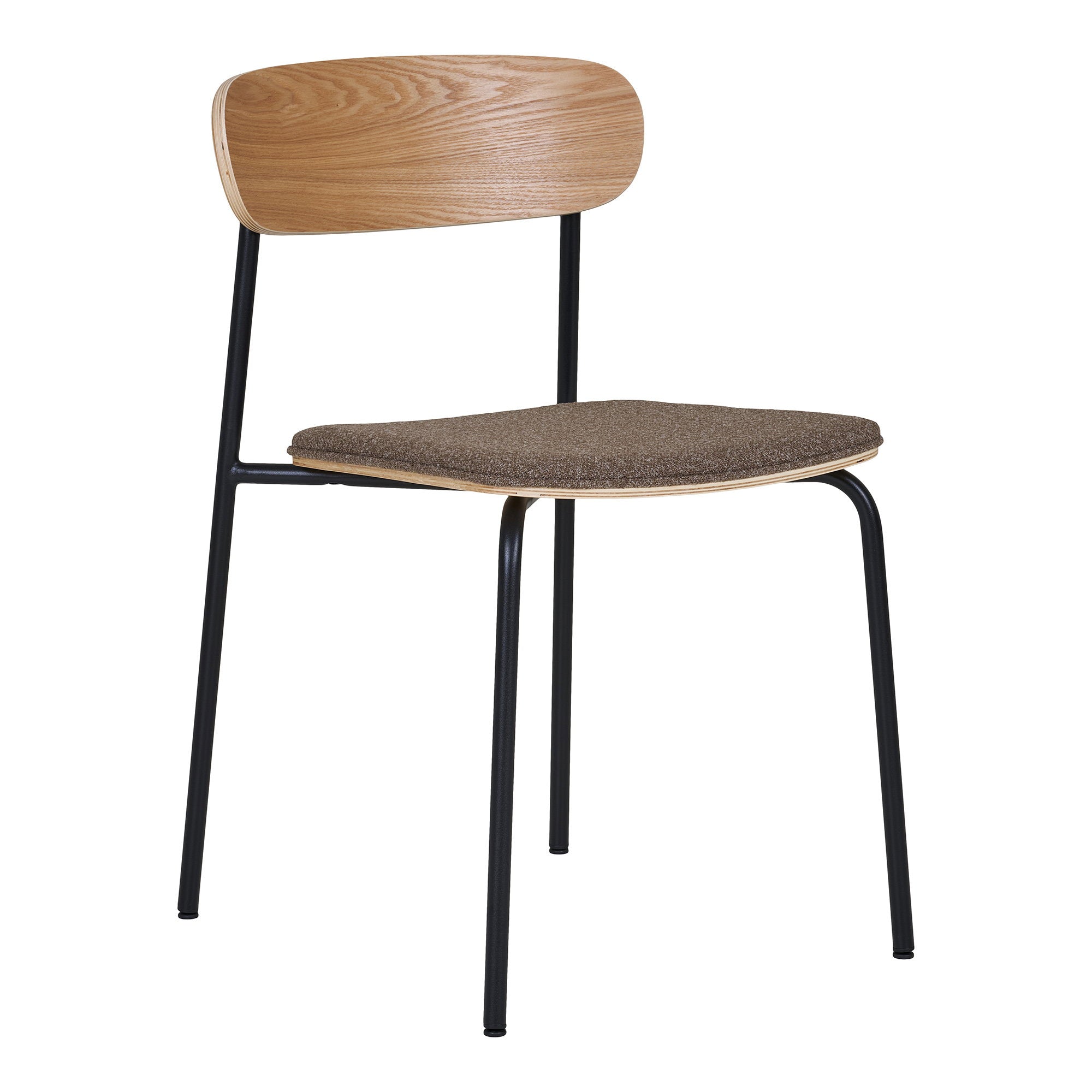 Chaise de salle à manger Estepona dossier contreplaqué frêne assise tissu brun chiné pieds métal noir vue trois quarts