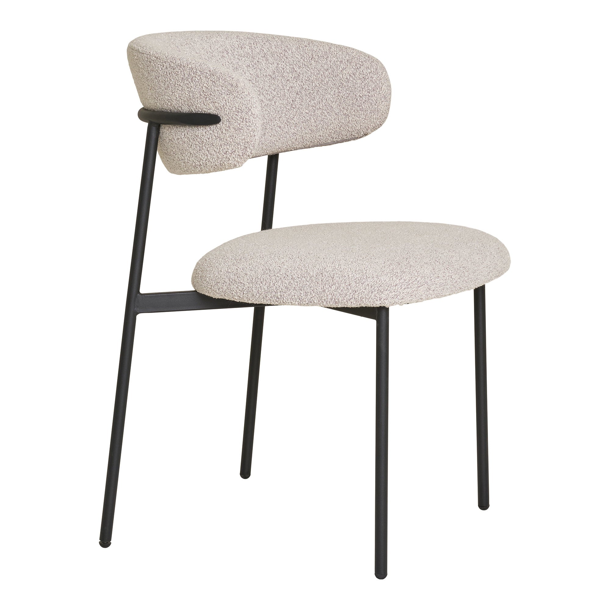 Chaise Mira bouclé sable vue trois quarts arrière structure acier noir fine et élégante