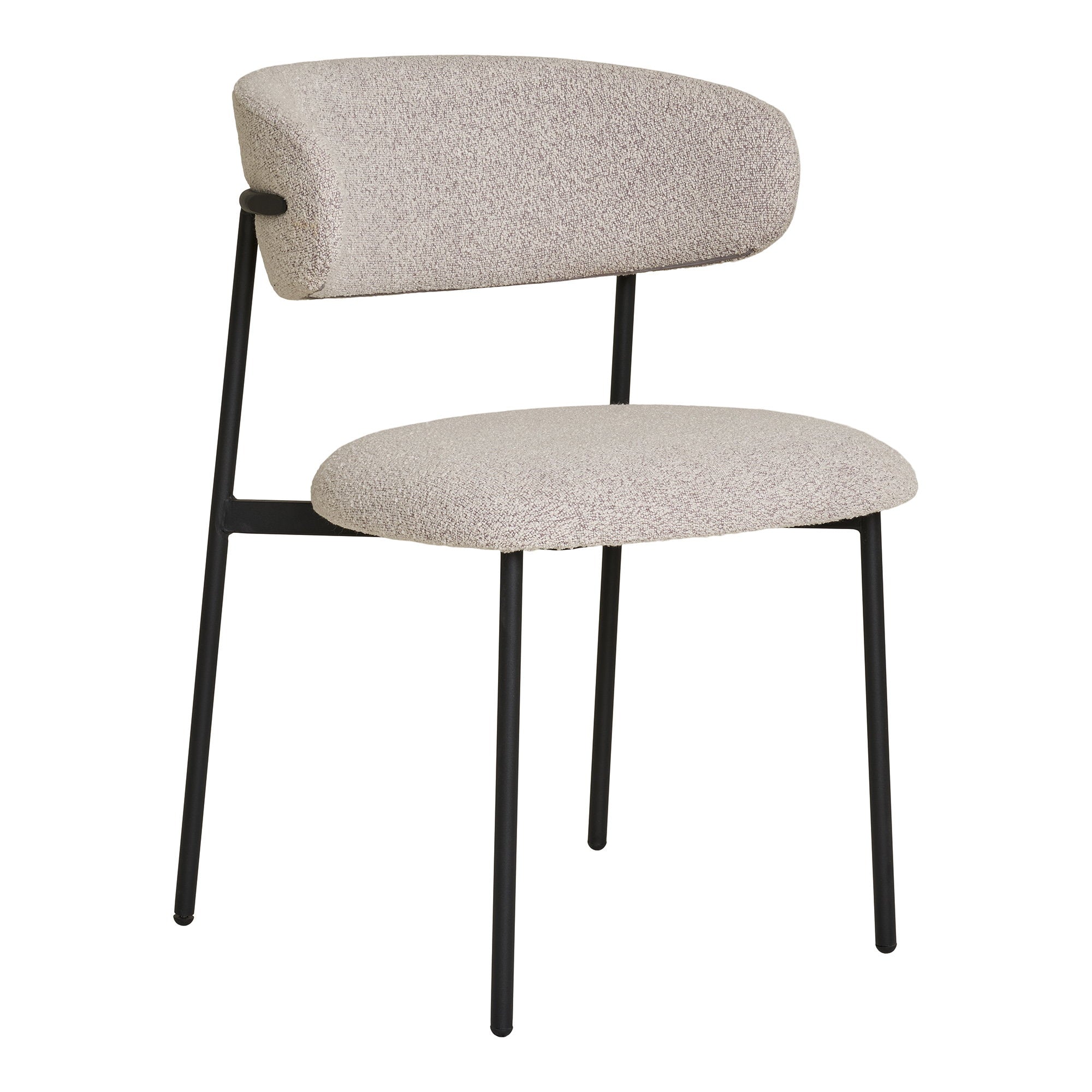 Chaise Mira bouclé sable dossier flottant arrondi assise ovale pieds métal noir vue trois quarts avant