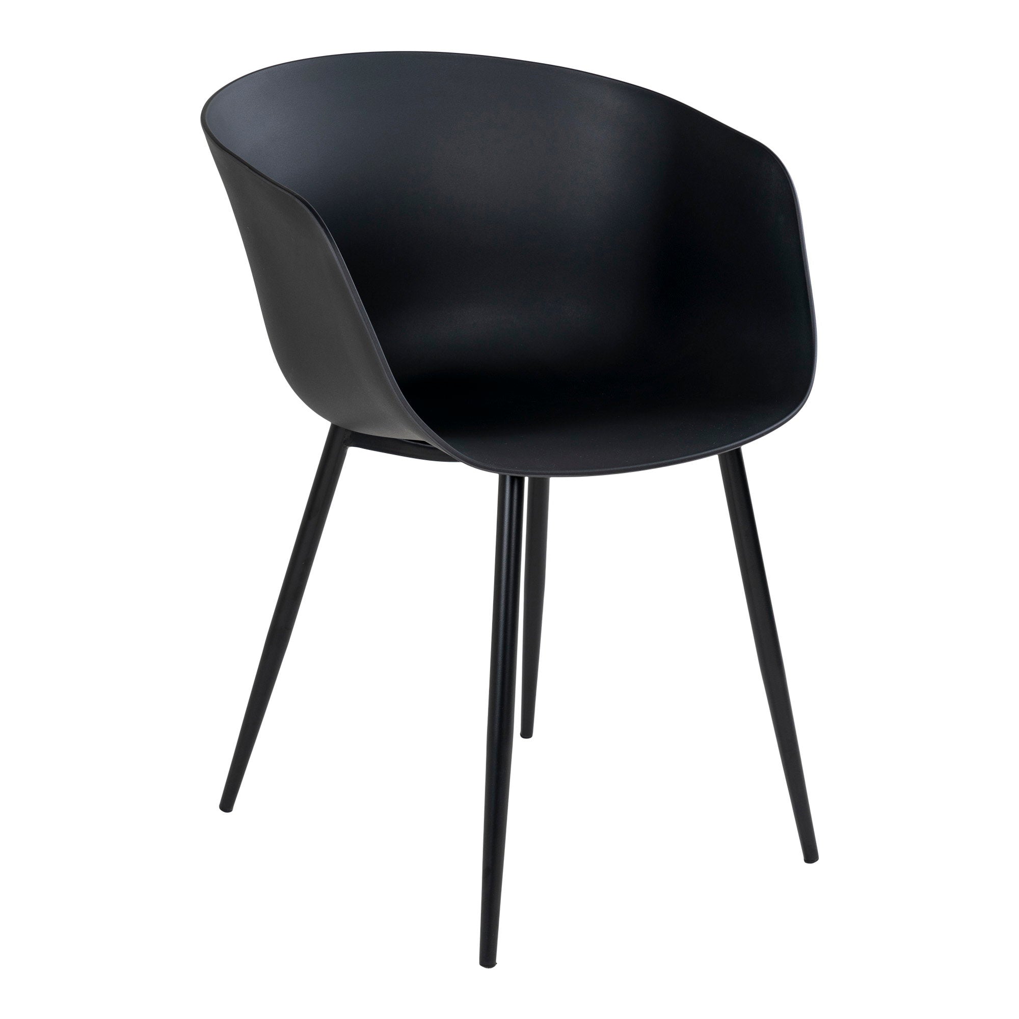 Chaise de salle à manger Roda noire coque PP pieds acier vue trois-quarts avant