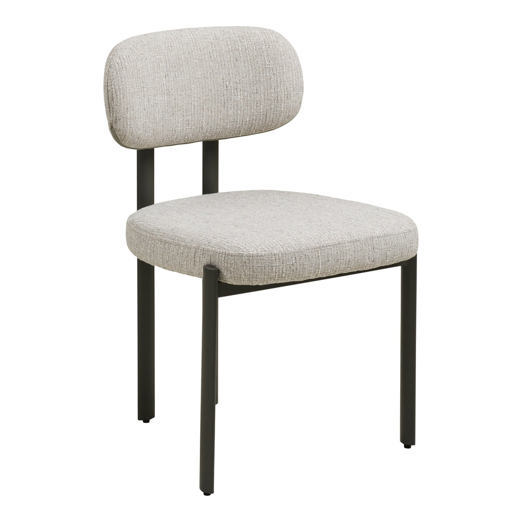 Chaise de salle à manger Royan tissu chiné gris clair dossier flottant pieds acier gris vue trois quarts
