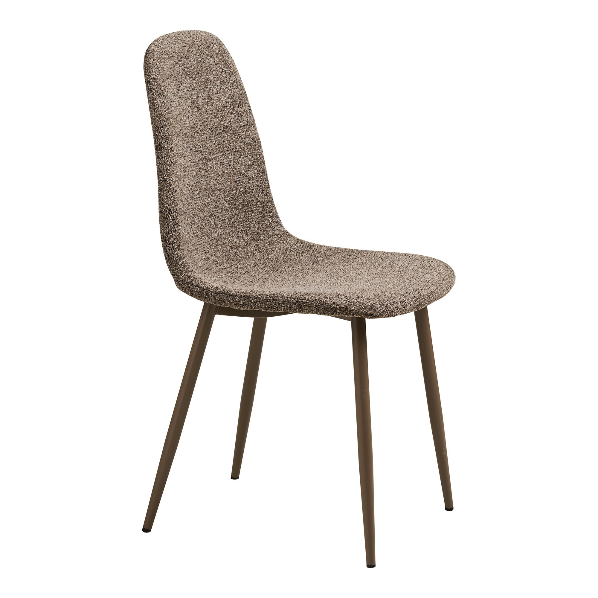 Chaise Stockholm bouclé brun vue 3/4 arrière – texture chiné et pieds métal brun mat