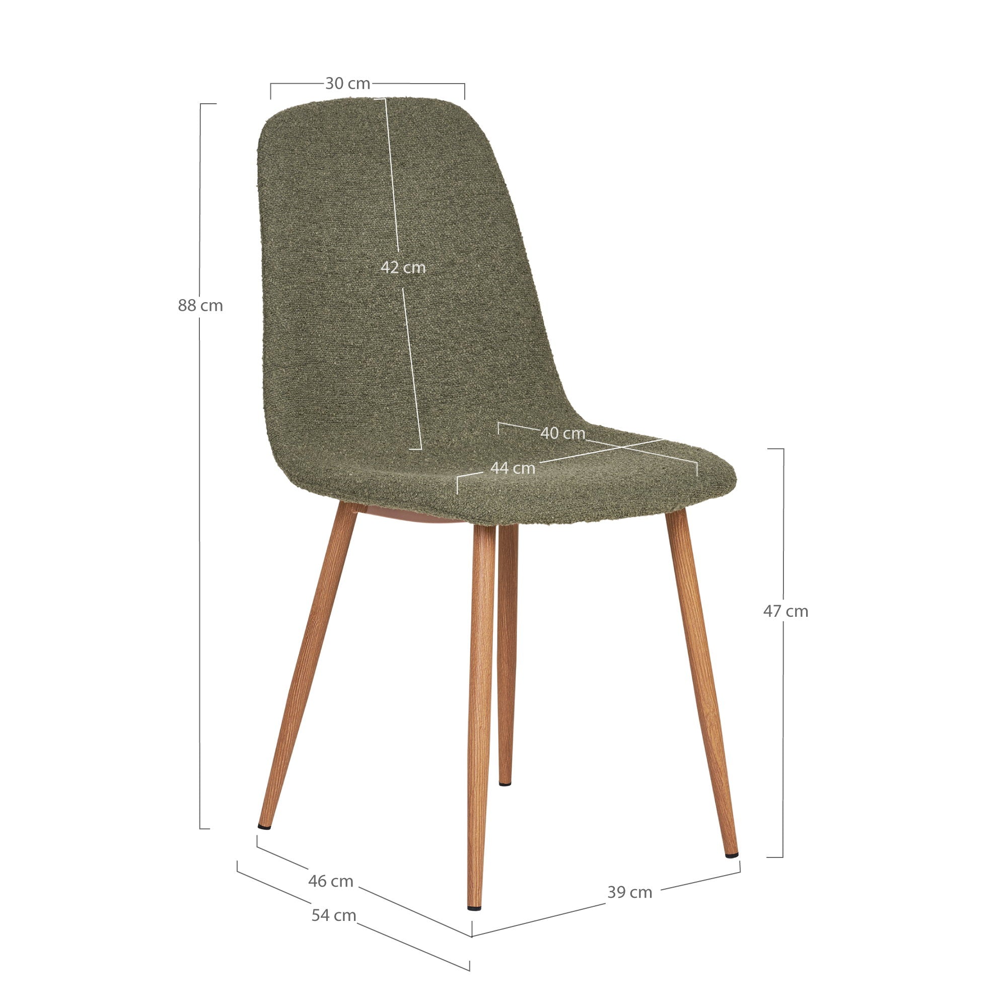 Dimensions chaise Stockholm bouclé vert : hauteur 88 cm, largeur 44 cm, hauteur assise 47 cm