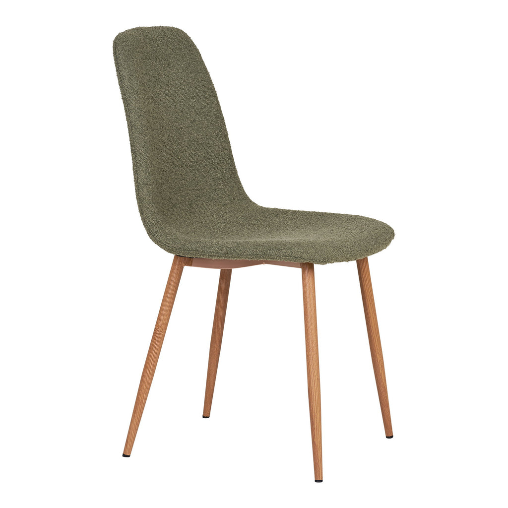 Chaise Stockholm bouclé vert vue 3/4 arrière – texture bouclette et pieds bois clair