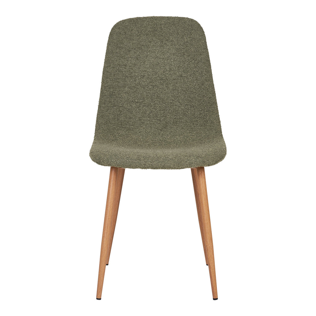 Chaise Stockholm vert forêt vue de face – tissu bouclé polyester et pieds aspect chêne