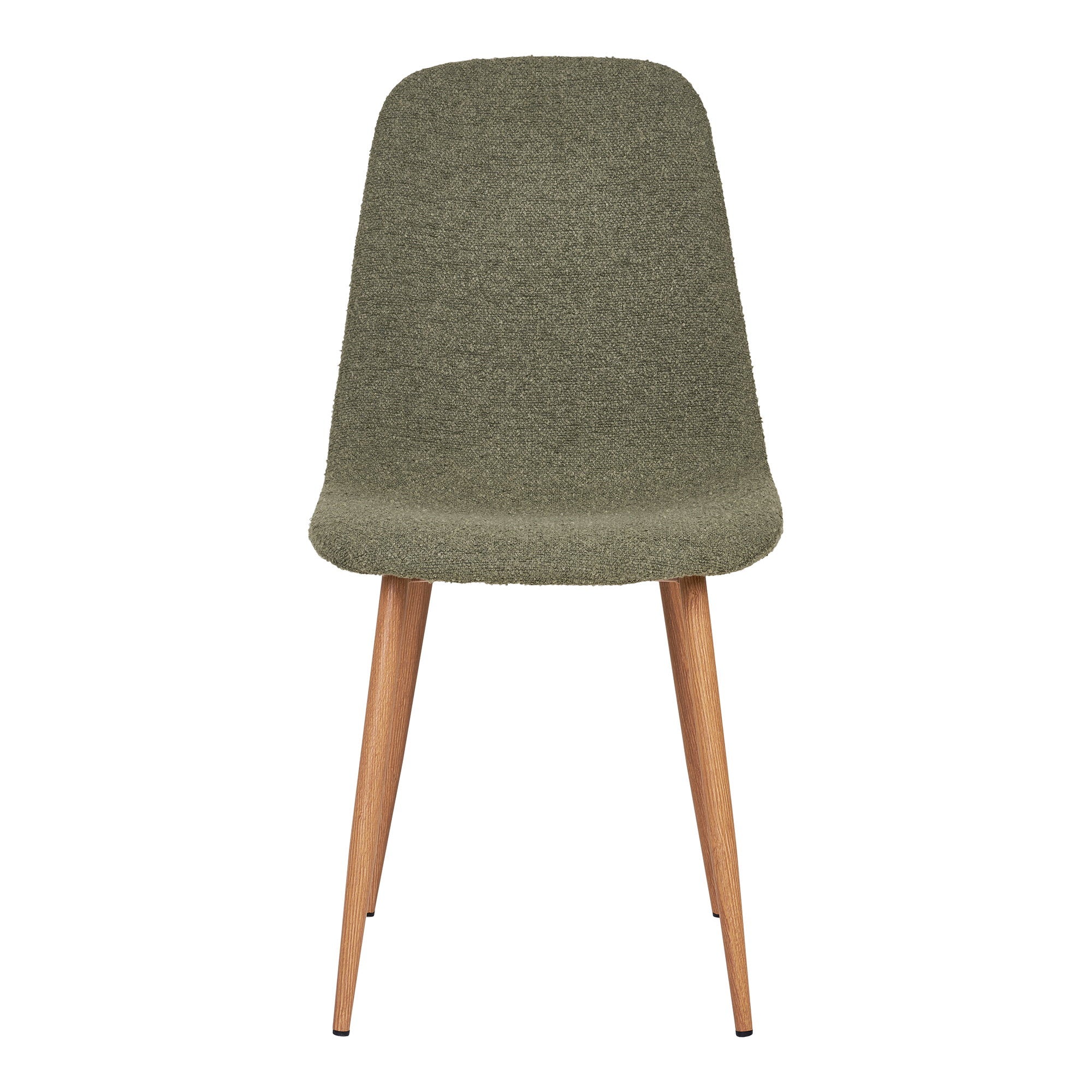 Chaise Stockholm vert forêt vue de face – tissu bouclé polyester et pieds aspect chêne
