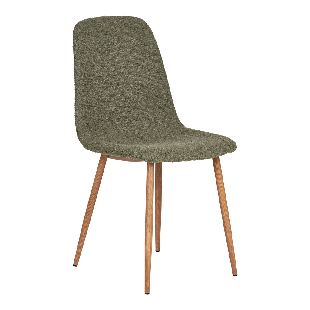 Chaise salle à manger Stockholm bouclé vert forêt pieds aspect bois – vue 3/4