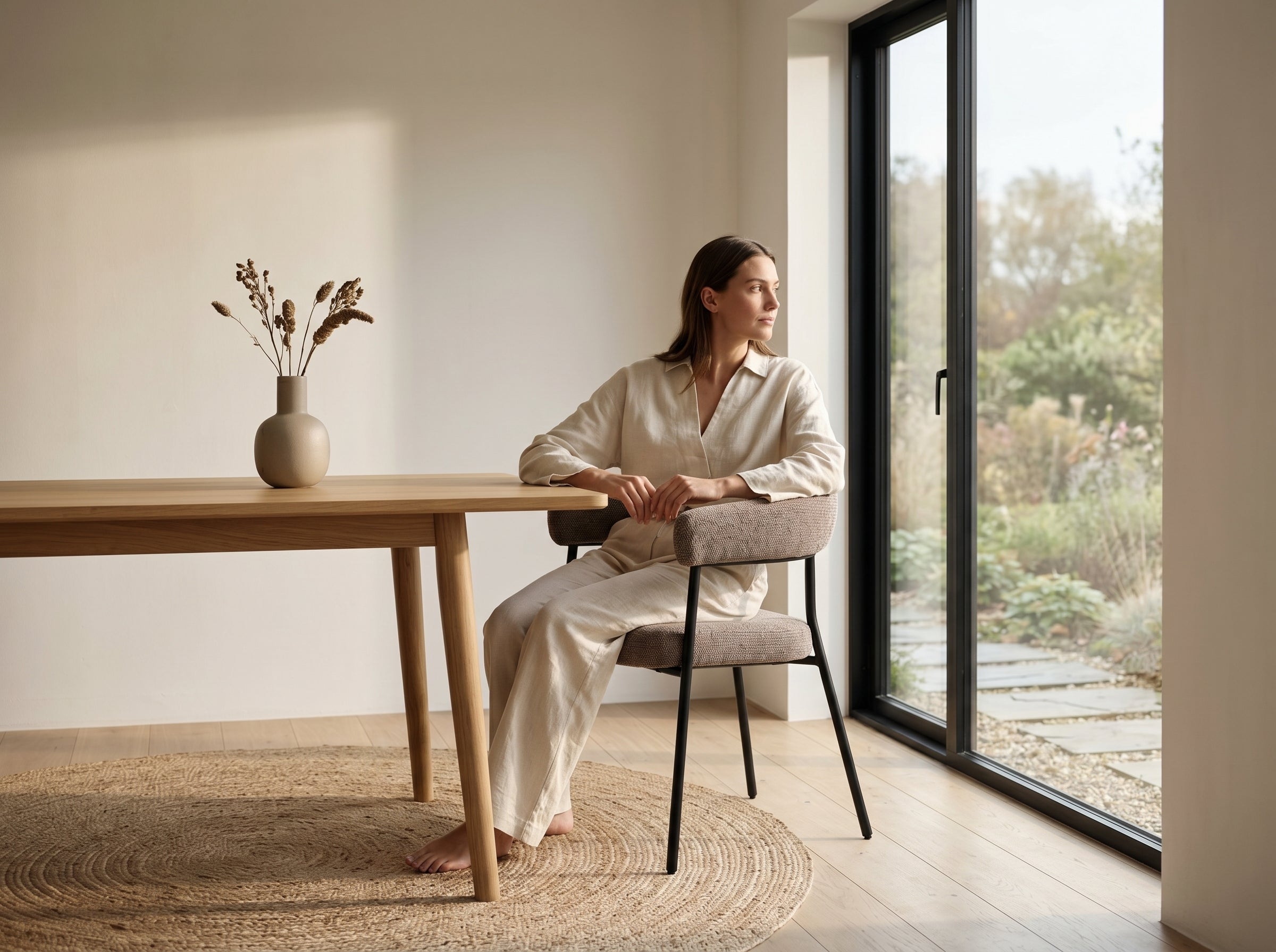 Chaise salle à manger bouclé taupe pieds métal noir table chêne naturel arrondie ambiance scandinave lumineuse