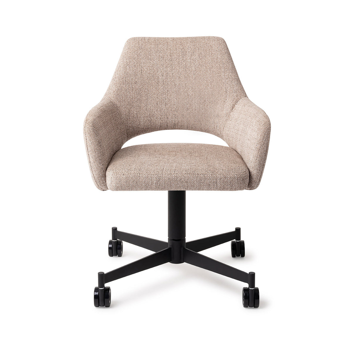 Chaise Yanai beige chiné sur piètement à roulettes noir vue de face coque enveloppante et échancrure du dossier