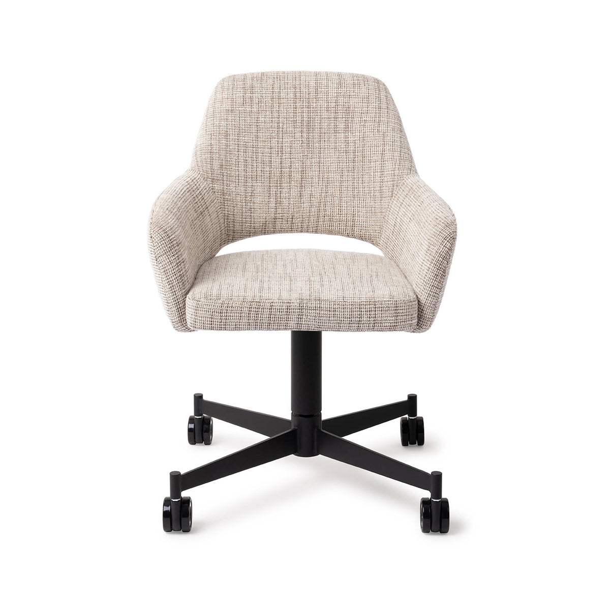 Chaise Yanai écru chiné sur piètement à roulettes noir vue de face coque enveloppante et échancrure du dossier