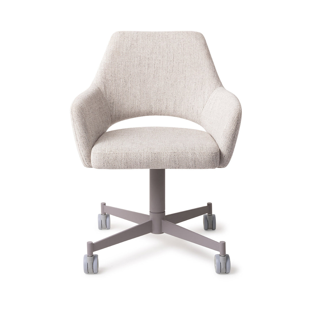 Chaise Yanai gris perle sur piètement à roulettes gris vue de face coque enveloppante et échancrure du dossier