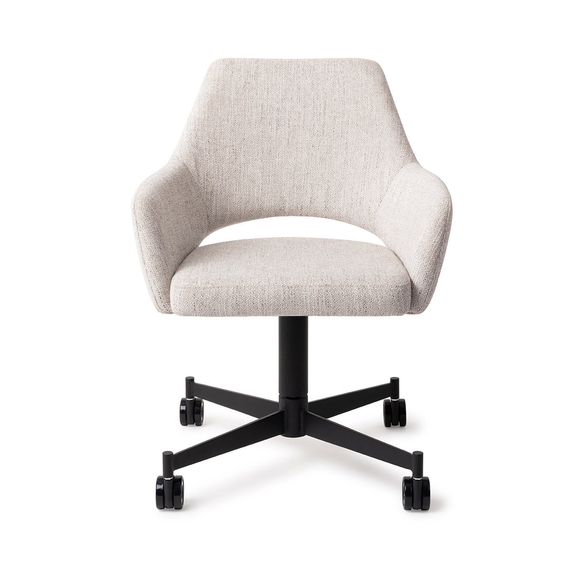 Chaise Yanai gris perle sur piètement à roulettes noir vue de face coque enveloppante et échancrure du dossier