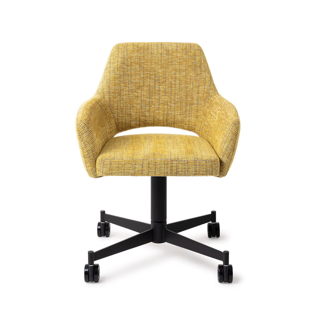 Chaise Yanai jaune chiné sur piètement à roulettes noir vue de face coque enveloppante et échancrure du dossier