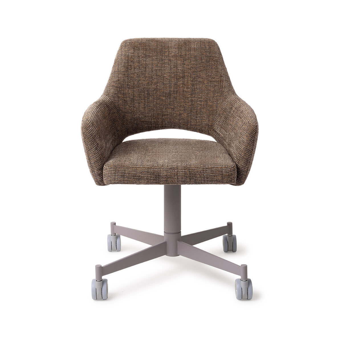Chaise Yanai marron chiné sur piètement à roulettes gris vue de face coque enveloppante et échancrure du dossier