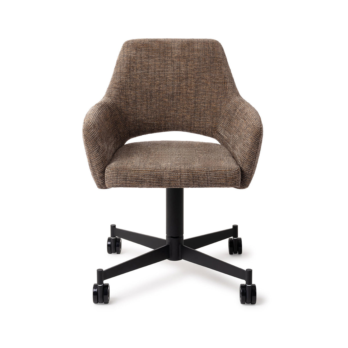 Chaise Yanai marron chiné sur piètement à roulettes noir vue de face coque enveloppante et échancrure du dossier