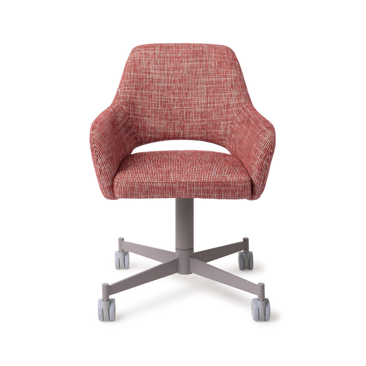 Chaise Yanai rouge chiné sur piètement à roulettes gris vue de face coque enveloppante et échancrure du dossier