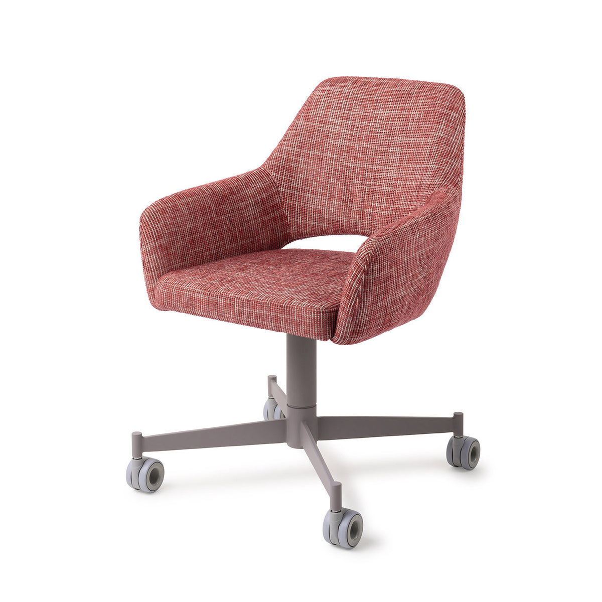 Chaise Yanai rouge chiné sur piètement à roulettes gris vue de trois quarts accoudoirs intégrés à la coque