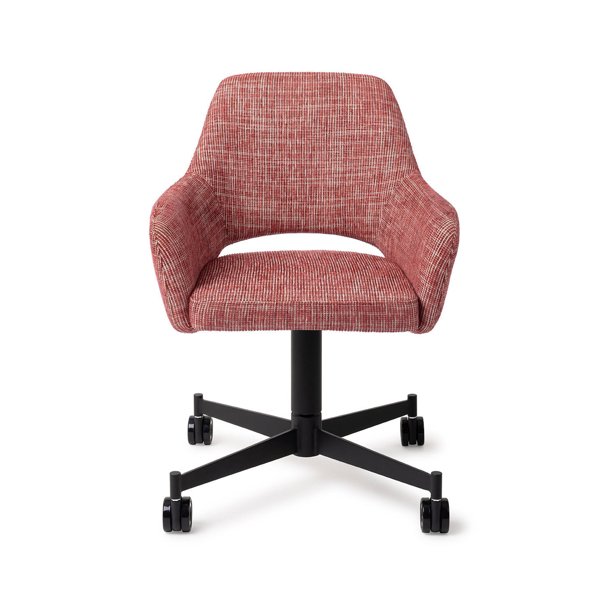 Chaise Yanai rouge chiné sur piètement à roulettes noir vue de face coque enveloppante et échancrure du dossier