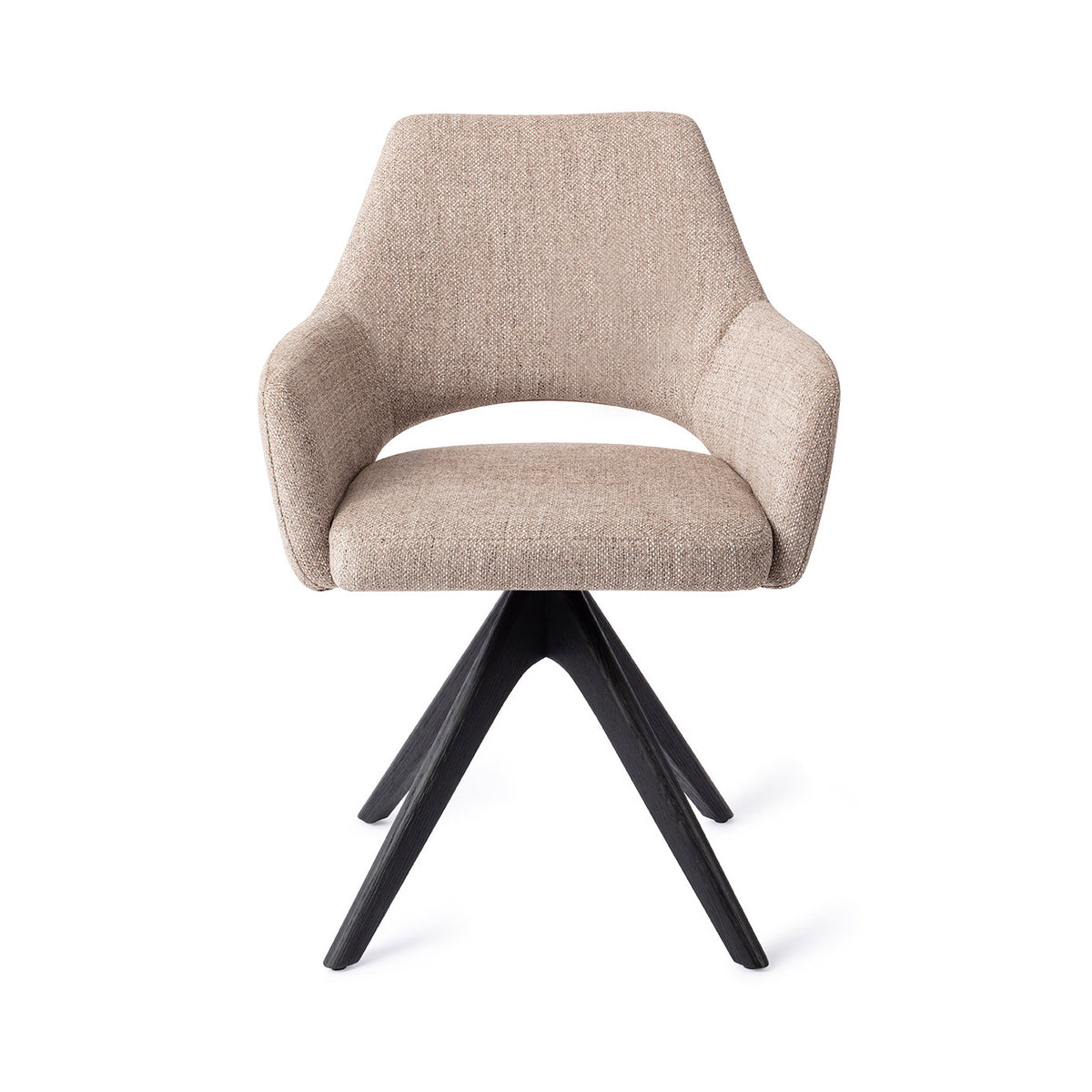 Chaise de salle à manger Yanai beige chiné sur piètement pivotant chêne noir vue de face accoudoirs et dossier à découpe