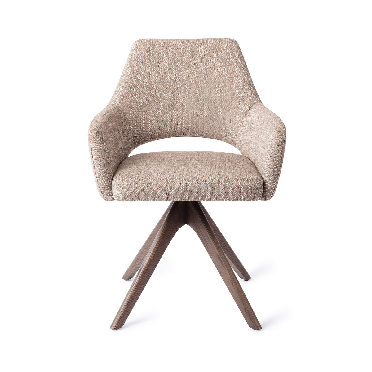 Chaise de salle à manger Yanai beige chiné sur piètement pivotant chêne teinté noyer vue de face accoudoirs et dossier à découpe