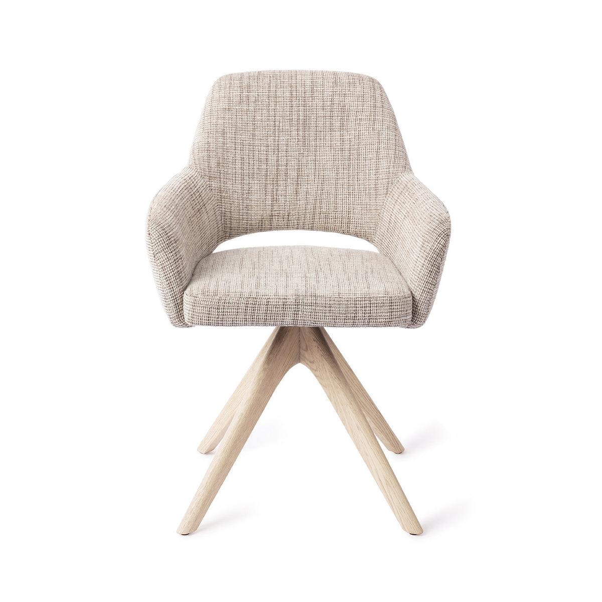 Chaise de salle à manger Yanai écru chiné sur piètement pivotant chêne blanchi vue de face accoudoirs et dossier à découpe