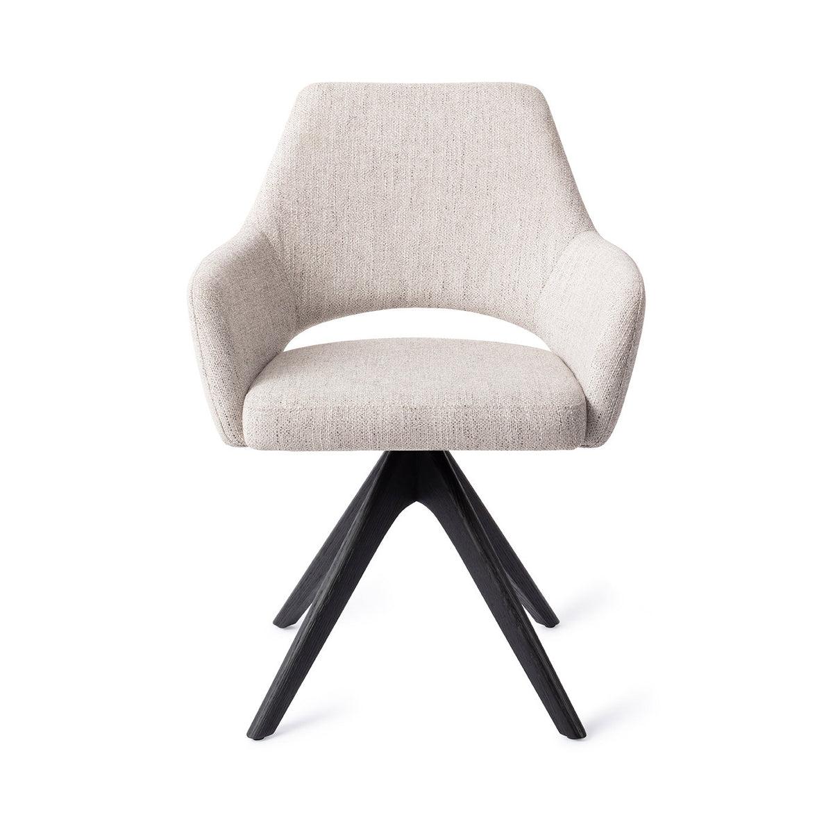 Chaise de salle à manger Yanai gris perle sur piètement pivotant chêne noir vue de face accoudoirs et dossier à découpe