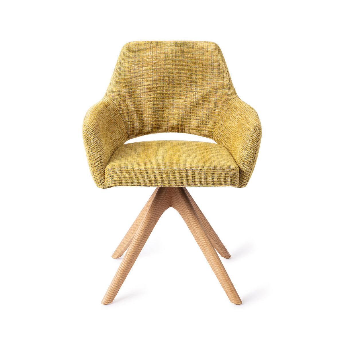 Chaise de salle à manger Yanai jaune chiné sur piètement pivotant chêne naturel vue de face accoudoirs et dossier à découpe