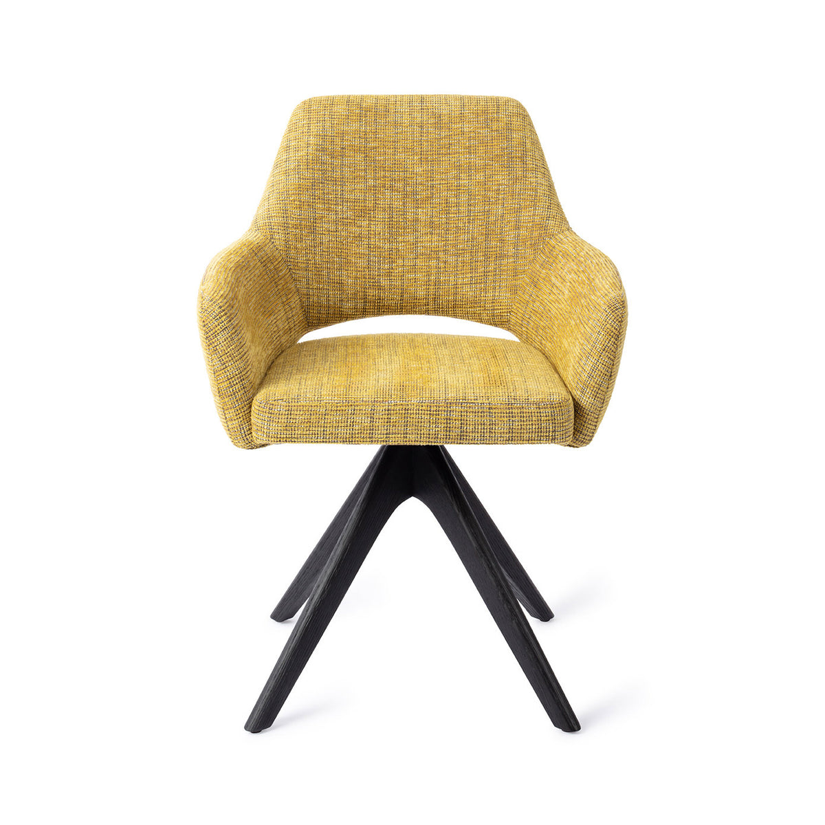 Chaise de salle à manger Yanai jaune chiné sur piètement pivotant chêne noir vue de face accoudoirs et dossier à découpe