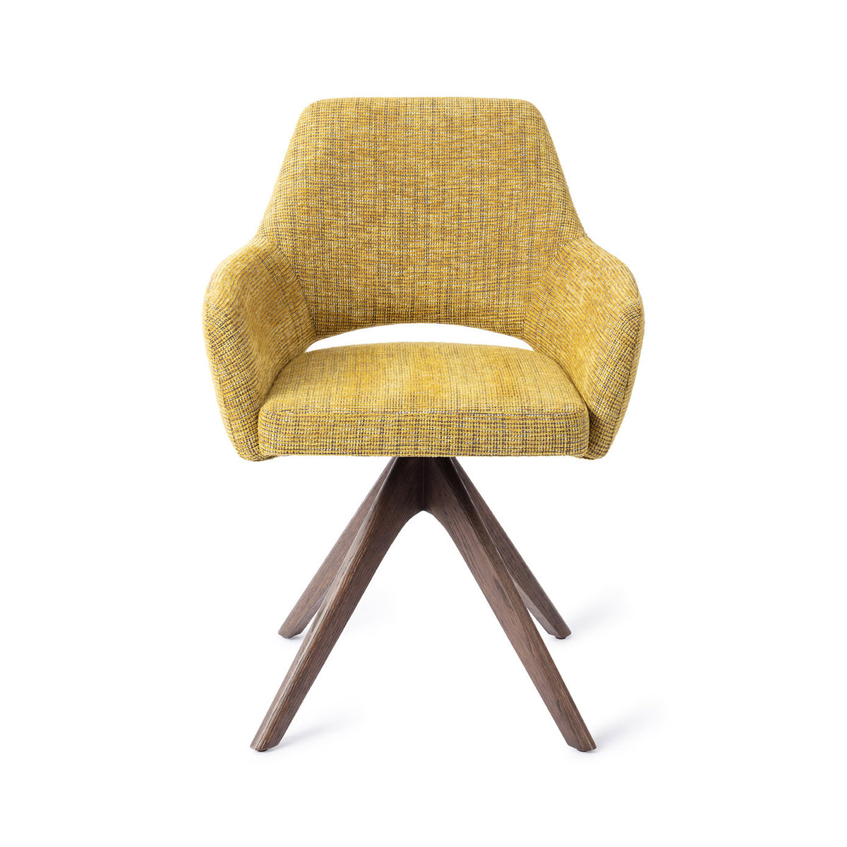 Chaise de salle à manger Yanai jaune chiné sur piètement pivotant chêne teinté noyer vue de face accoudoirs et dossier à découpe
