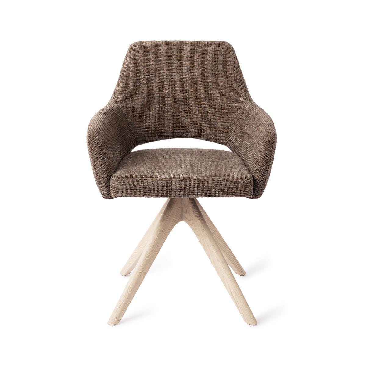 Chaise de salle à manger Yanai marron chiné sur piètement pivotant chêne blanchi vue de face accoudoirs et dossier à découpe