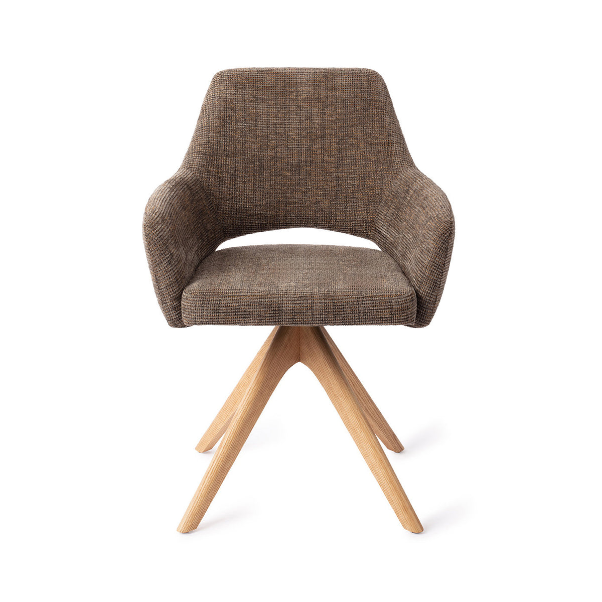 Chaise de salle à manger Yanai marron chiné sur piètement pivotant chêne naturel vue de face accoudoirs et dossier à découpe