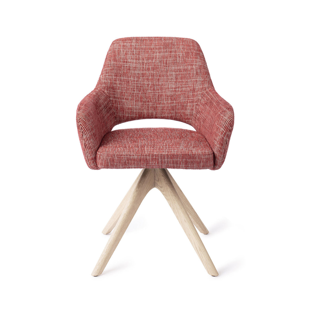 Chaise de salle à manger Yanai rouge chiné sur piètement pivotant chêne blanchi vue de face accoudoirs et dossier à découpe