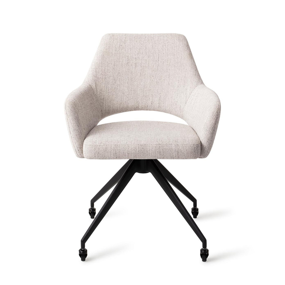 Chaise Yanai gris perle sur piètement noir à quatre pieds et roulettes vue de face avec ses accoudoirs et la découpe du dossier