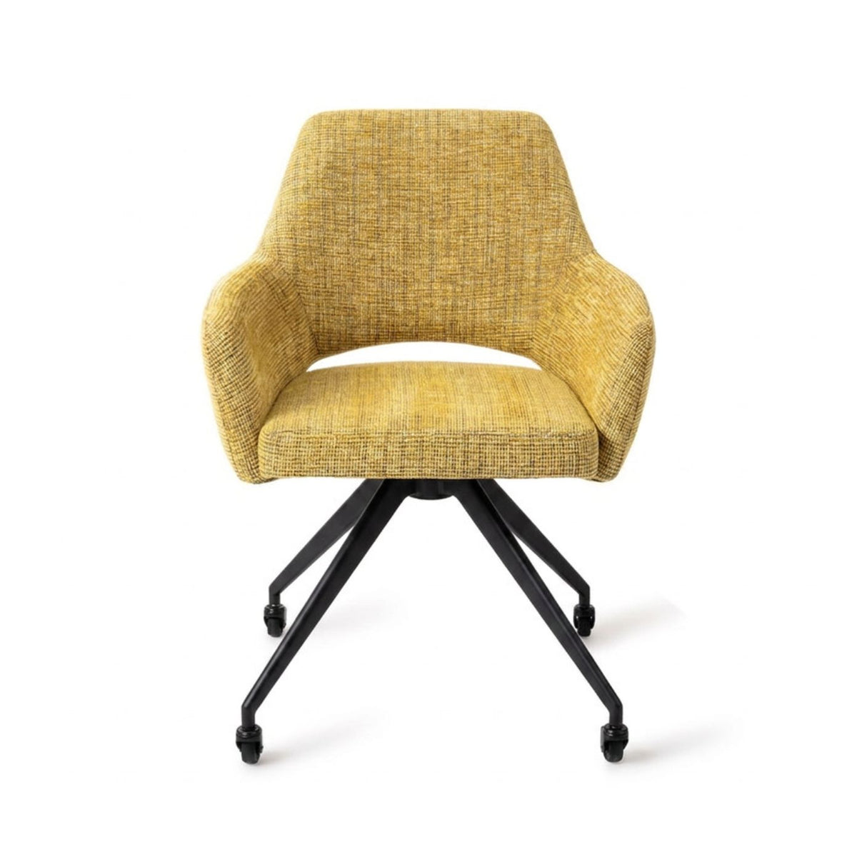 Chaise Yanai jaune chiné sur piètement noir à quatre pieds et roulettes vue de face avec ses accoudoirs et la découpe du dossier