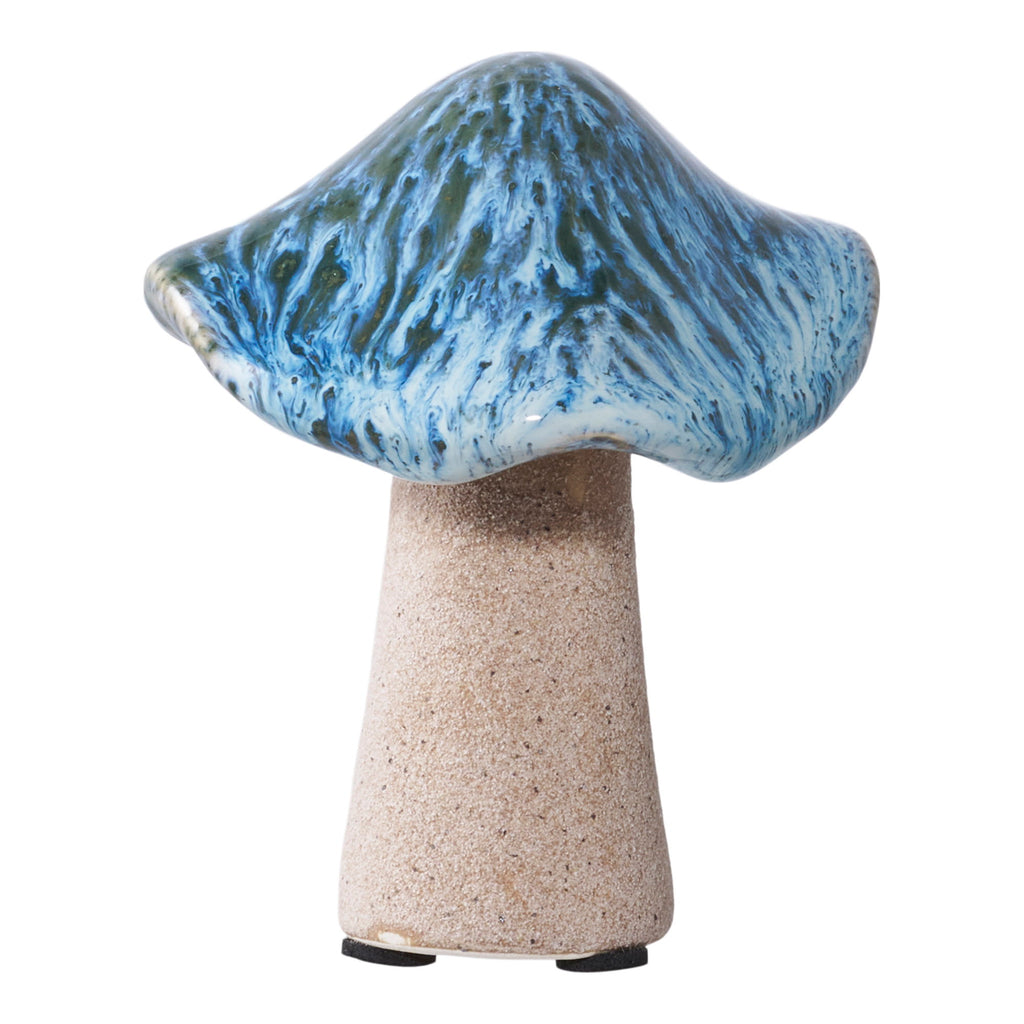 Champignon céramique grès chapeau bleu vert marbré émaillé vue trois quarts
