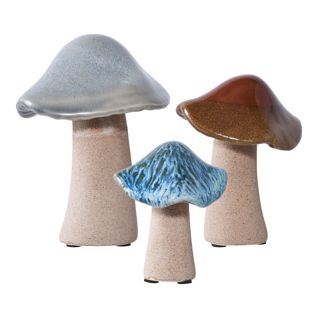 Set 3 champignons céramique grès vert brun bleu vue ensemble fond blanc