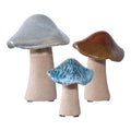 Set 3 champignons céramique grès vert brun bleu vue ensemble fond blanc