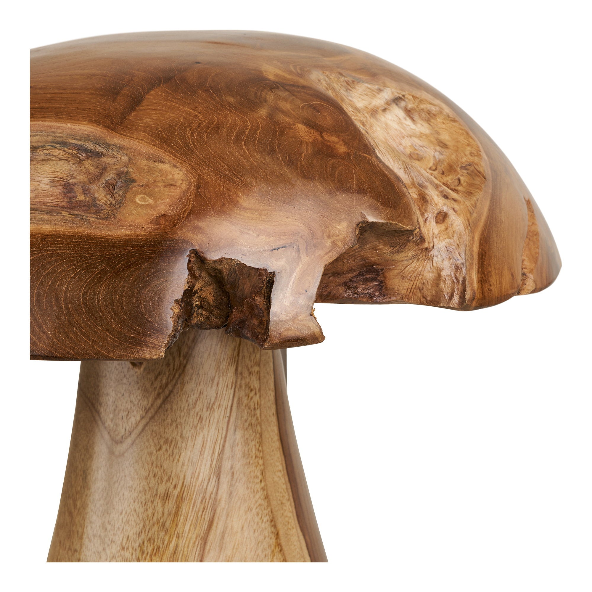 Détail chapeau grand champignon Kodi teck massif loupe nœud bois naturel sculpté