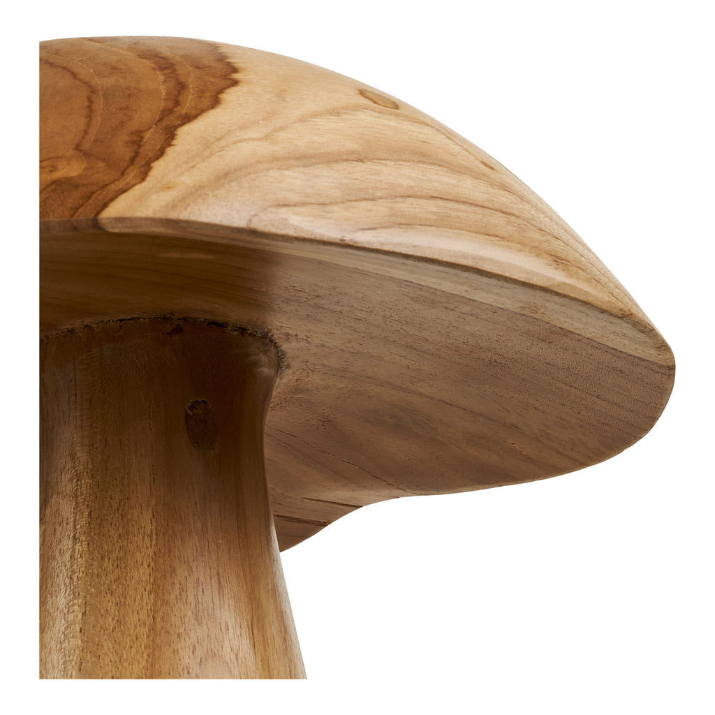 Détail bord chapeau champignon Kodi teck massif naturel grain bois clair