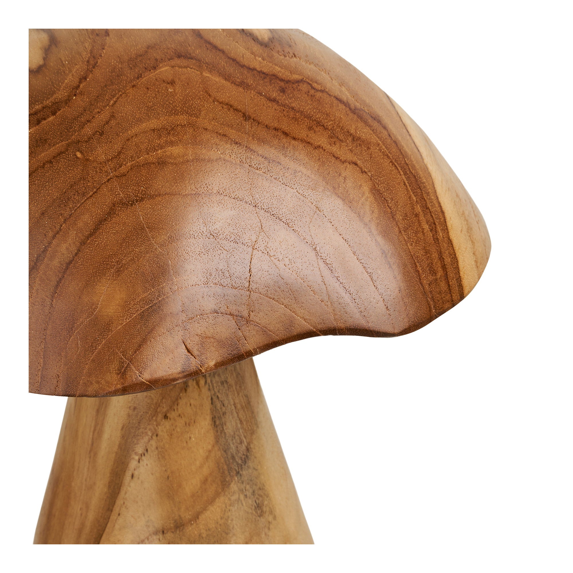 Détail chapeau champignon décoratif Kodi teck massif veine bois caramel petit modèle