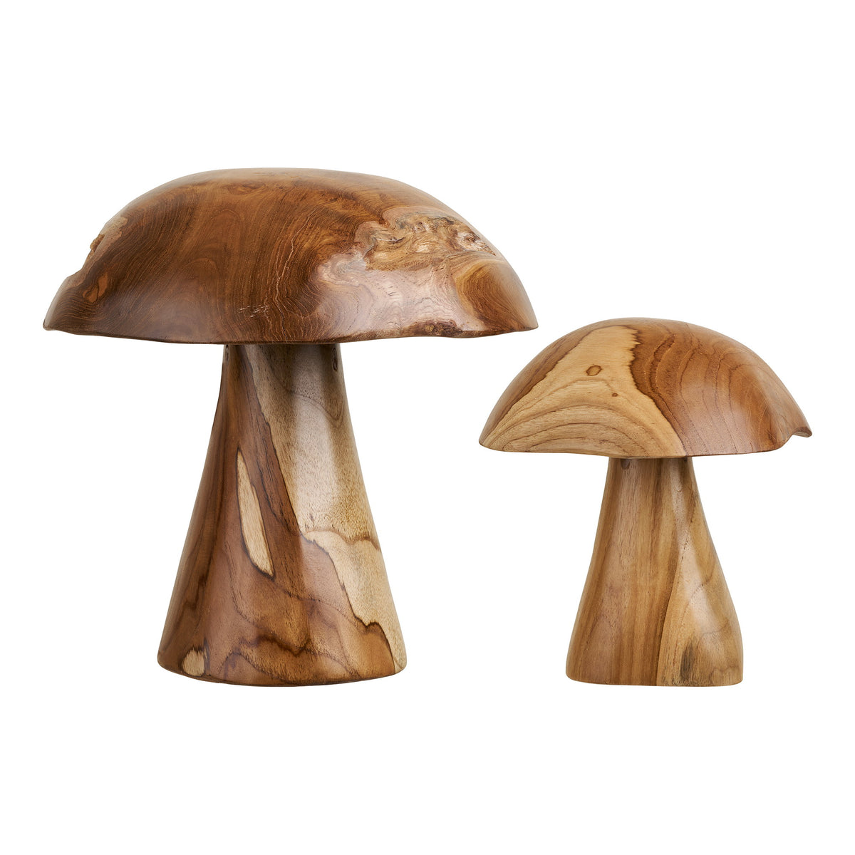 Deux champignons décoratifs Kodi en teck massif vus de face grand chapeau veiné de loupe et petit chapeau bombé