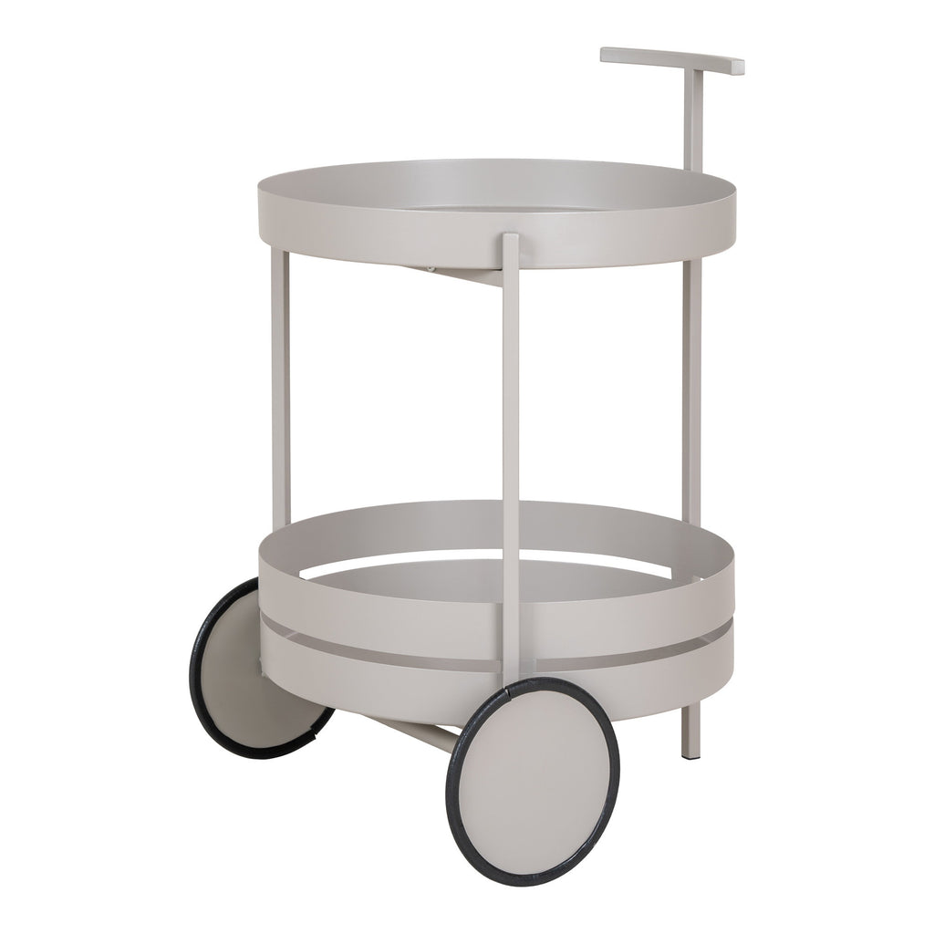 Détail roues et structure acier laqué mat chariot de bar Beja gris taupe