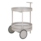 Détail roues et structure acier laqué mat chariot de bar Beja gris taupe