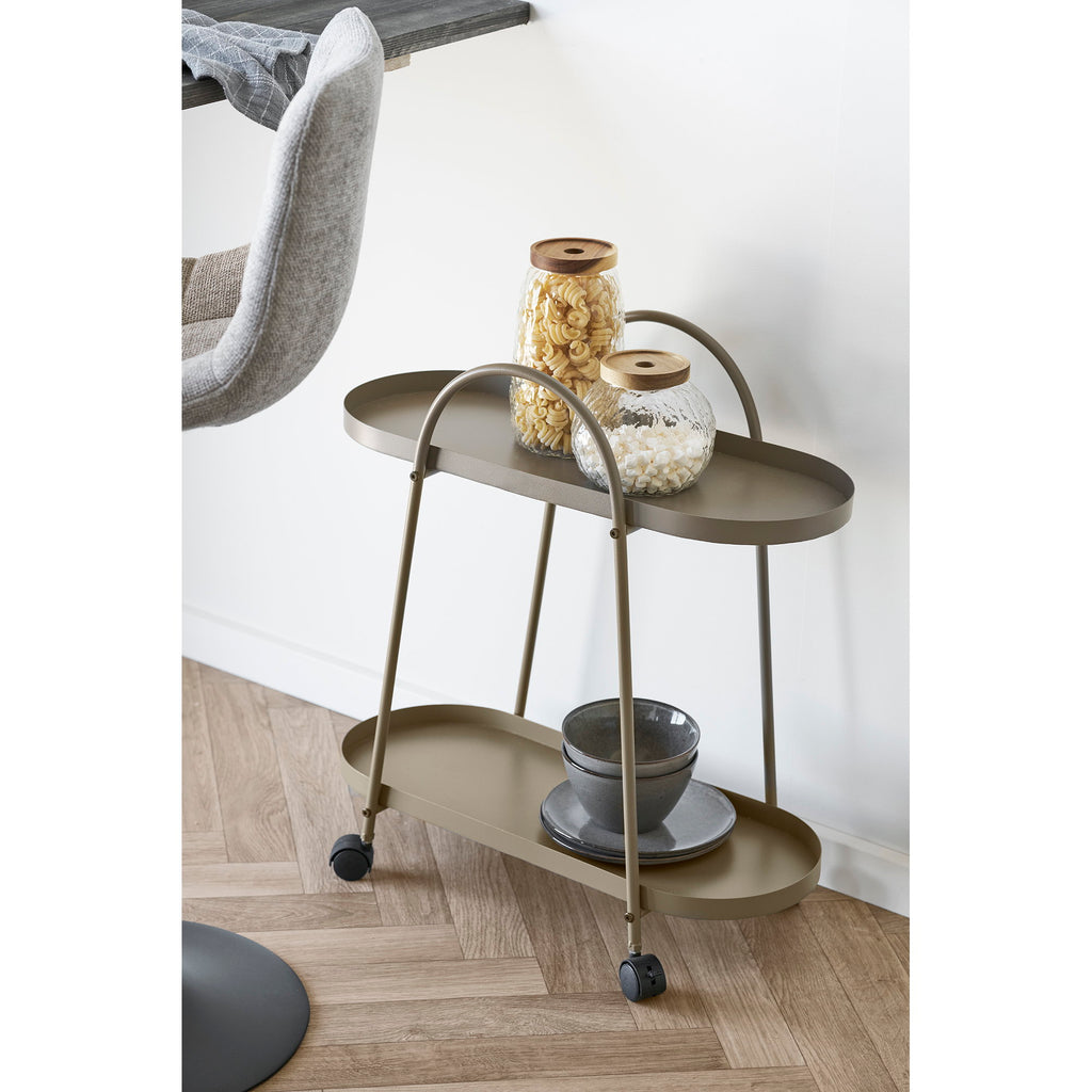 Chariot Empoli taupe en situation salle à manger parquet chevrons bocaux verre bols céramique