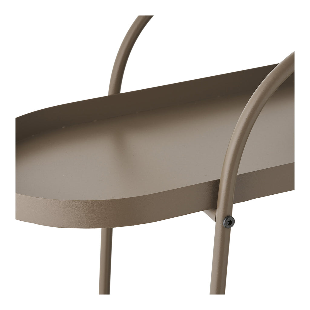 Chariot Empoli détail plateau supérieur ovale acier taupe arche cintrée vue rapprochée