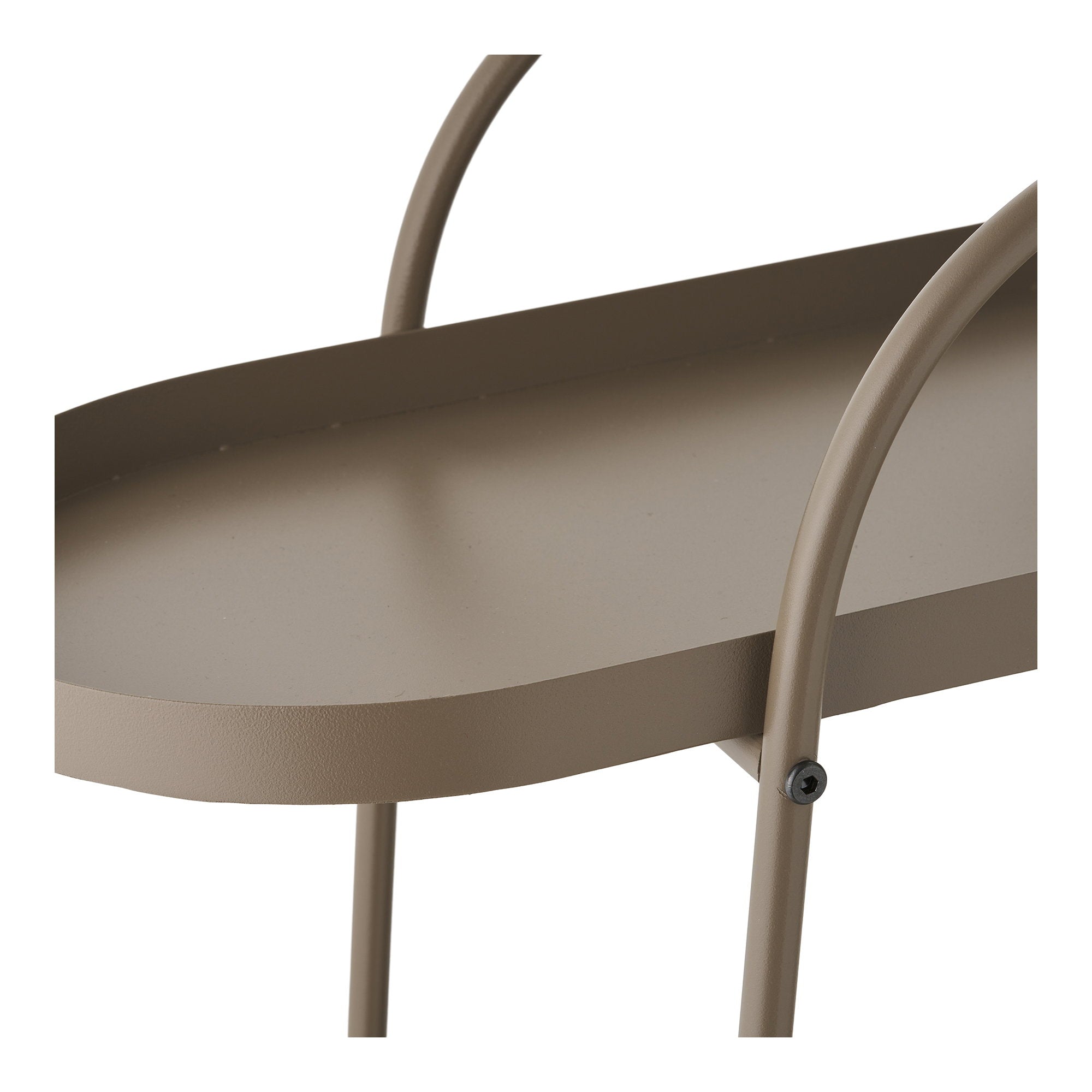 Chariot Empoli détail plateau supérieur ovale acier taupe arche cintrée vue rapprochée